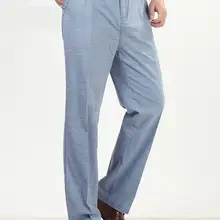 Мужские Весенние большие размеры с высокими карманами прямые эластичные талии свободная полная длина льняные штаны мужские летние однотонные льняные брюки