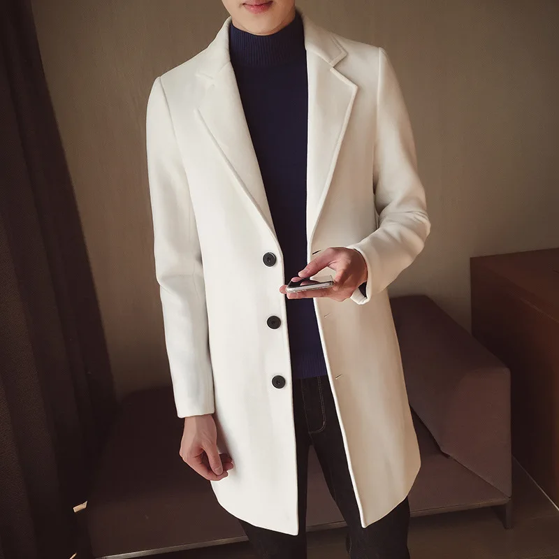 Мужская одежда, шерстяное пальто, Осень-зима, Корейская версия, новая белая тонкая Повседневная Длинная ветровка, шерстяная куртка, Тренч, пальто - Цвет: Белый