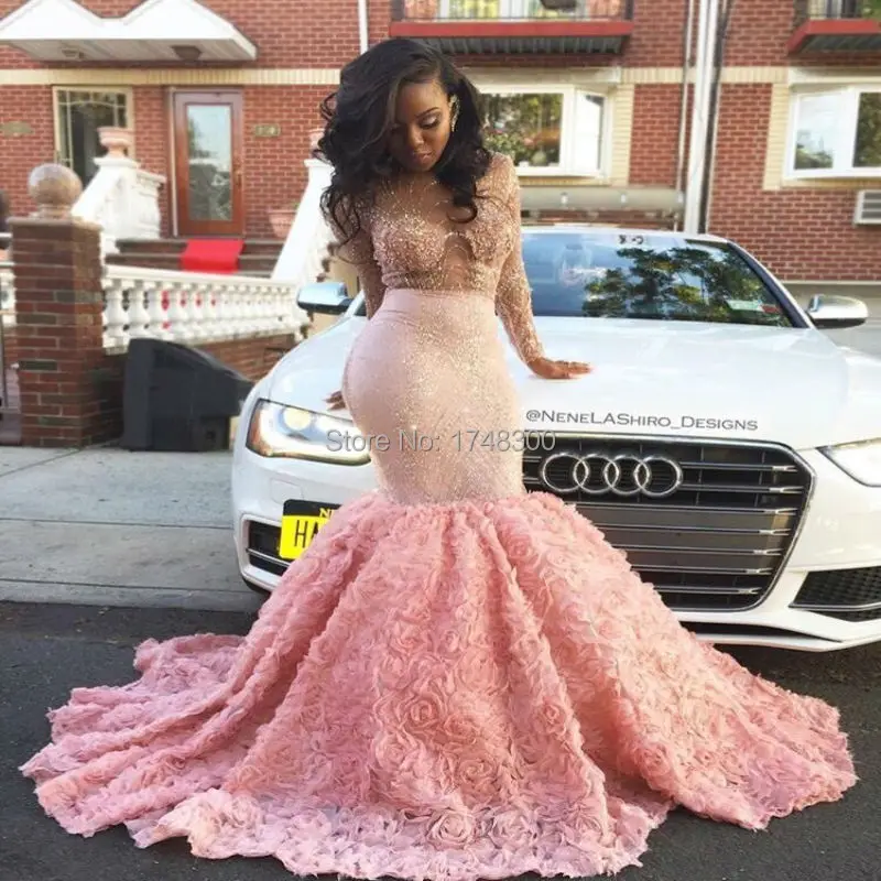 Robe-de-Soiree-African-Luxury-Mermaid-Pink-Prom-Dresses-2017-Sexy-Sheer-Lace-Crystal-Ruffled-Long (1)