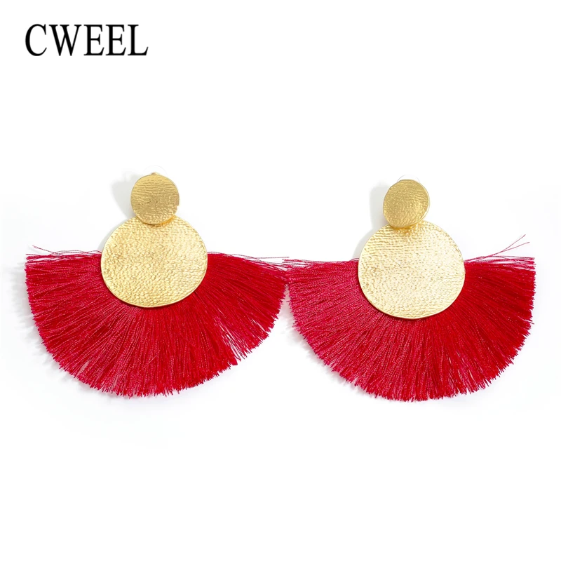 CWEEL 2018 Earrings Red Long Tassel Earrings Vintage Ethnic Fringed