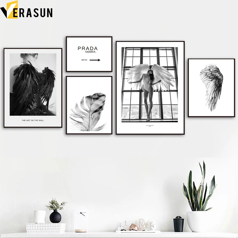 

Black White Feather Angel Wing Girl Wall Art Canvas Painting Nordic Posters And Prints Wall Pictures For Living Room Home Decor