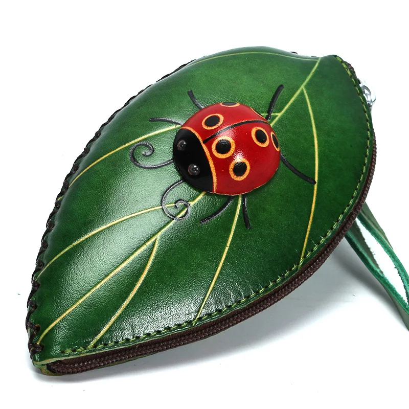 Ручной работы растительного дубления кожа Монета браслет кошелек насекомое и сумка с рельефом из листьев в форме листьев сумки мультфильм ноль кошелек ремесла