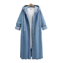 Красивые модные Женские однотонные пальто женские с капюшоном повседневные джинсовые куртки с длинным рукавом Длинные джинсовые пальто Верхняя одежда Пальто Одежда