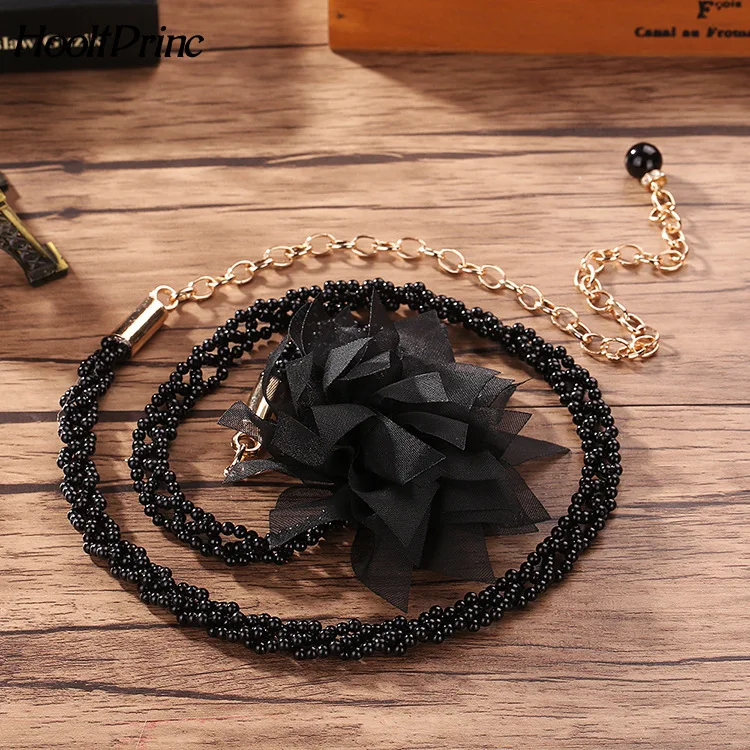 HoolttPrinc Elegant women pearl belts metal chain big flower belts black white pearl chain women fashion clothing accessories