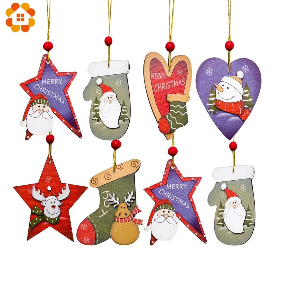 

6PCS DIY Multi Shape Christmas Wooden Pendants Ornaments Colorful Wood Crafts For Xmas Tree Ornament Christmas Party Decorations