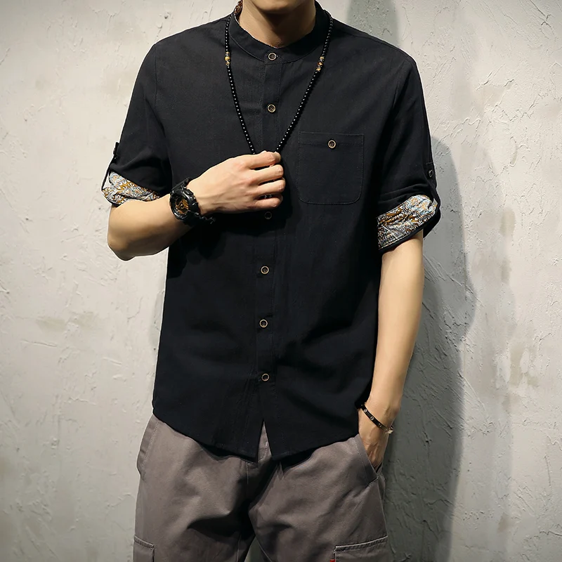 2017 New men's clothing Roll up hem short sleeve shirt