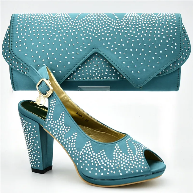 

Latest Green Color African Wome Italian Shoe and Bag Set Decorated with Rhinestone Matching Shoes with Bags for African Party