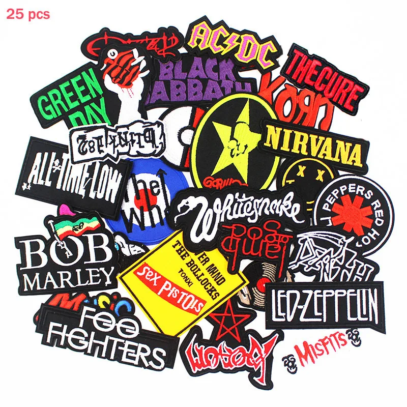 

25 Pcs Heavy Meta Band Patches Iron on Rock Music Badges Punk Stickers for clothes Jacket Jeans DIY Embroidered Patch