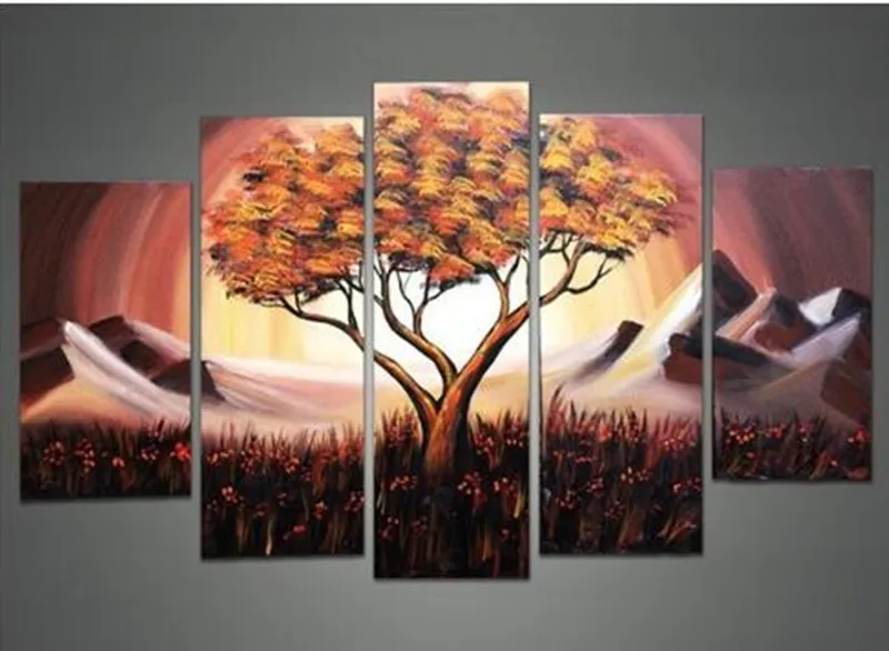 

Handpainted Abstract Landscape Oil Paintings on Canvas 5 Panel Wall Painting Home Decor Arts Large Tree Pictures For Living Room