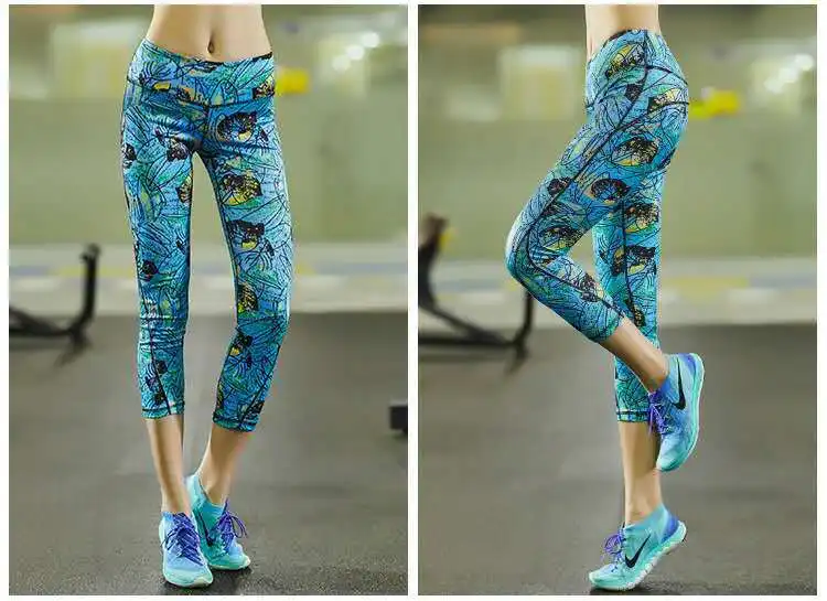 Женские штаны для йоги, леггинсы для фитнеса, бега, эластичные, дышащие, женские, тонкие, с принтом, штаны для йоги, для спортзала, спортивные, укороченные, брюки 7 - Цвет: Зеленый