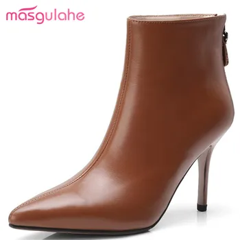 

Masgulahe novelty ankle boots formal office lady sexy genuine leather boots pointed toe high thin heels zipper shoes women new