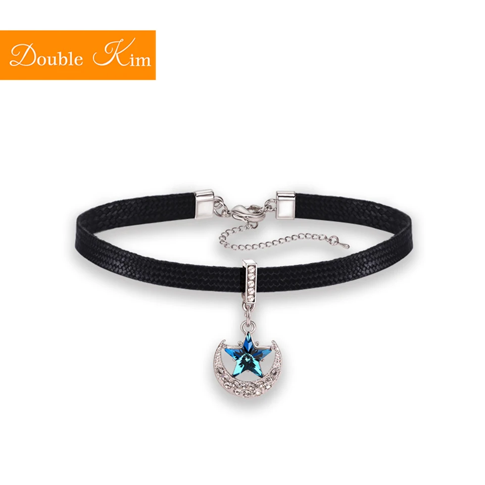 

Blue Star Zircon Moon Choker Titanium Stainless Steel Leather Strap Zircon European USA Fashion Trendy Women Jewelry Gift