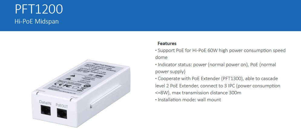 Dahua Hi-PoE Midspan PFT1200 Поддержка PoE для Hi-PoE 60 Вт ip-камера аксессуар для ip-систем