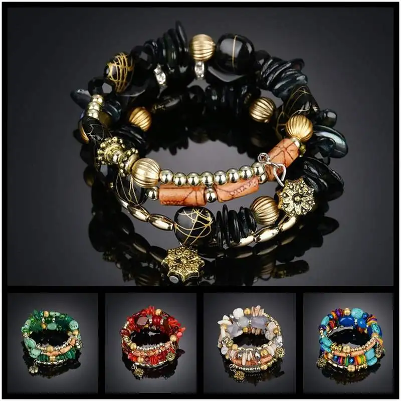 

Vintage Natural Stone Beads Bracelets Carnelian Obsidian Charm Bracelet Yoga Quartz Multilayer