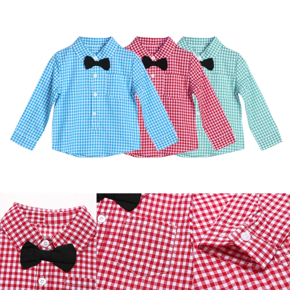 Джентльменский топ с длинными рукавами для маленьких мальчиков, одежда с галстуком-бабочкой, хлопковая одежда для малышей, клетчатая рубашка, одежда для маленьких мальчиков