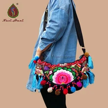 Популярные оригинальные дизайнерские женские сумки на плечо с вышивкой и кисточками, этнические черные холщовые сумки ручной работы с помпоном, винтажные дорожные сумки через плечо