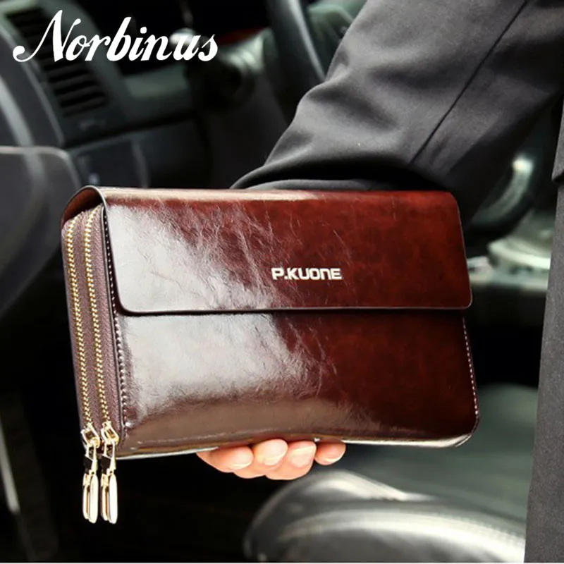Norbinus الفاخرة مشرقة النفط الشمع جلد البقر الرجال حقيبة صغيرة طويلة جلد أصلي للرجال محافظ مزدوجة طبقة الأعمال مخلب أكياس بسحاب