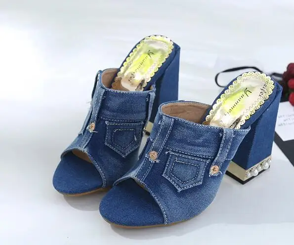 

Denim Peep Toe Pearl Chunky Heeled Sandals Summer Jeans Outside Rome Gladiator Style Woman Slides Newest Slippers Shoes 4627