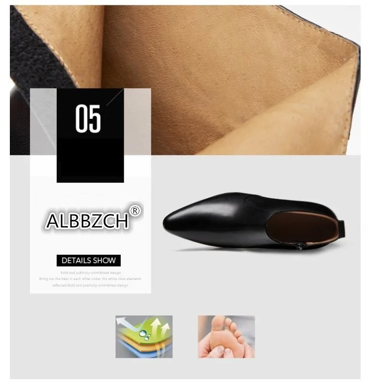 Autumn winter mens pointed toe genuine leather ankle boots men high heels quality wedding dress shoes career work boots botas 44