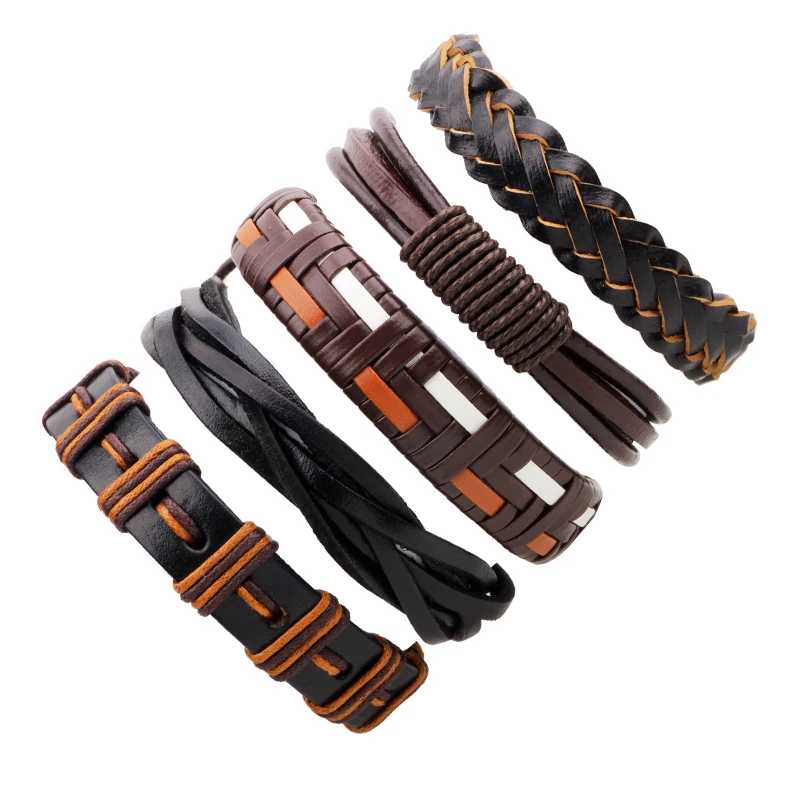 

LASPERAL 5PCs/set Punk Rock Women Men Bracelets Set Charm Leather Weave Multilayer Adjustable Bracelets Fashion Jewelry Decor