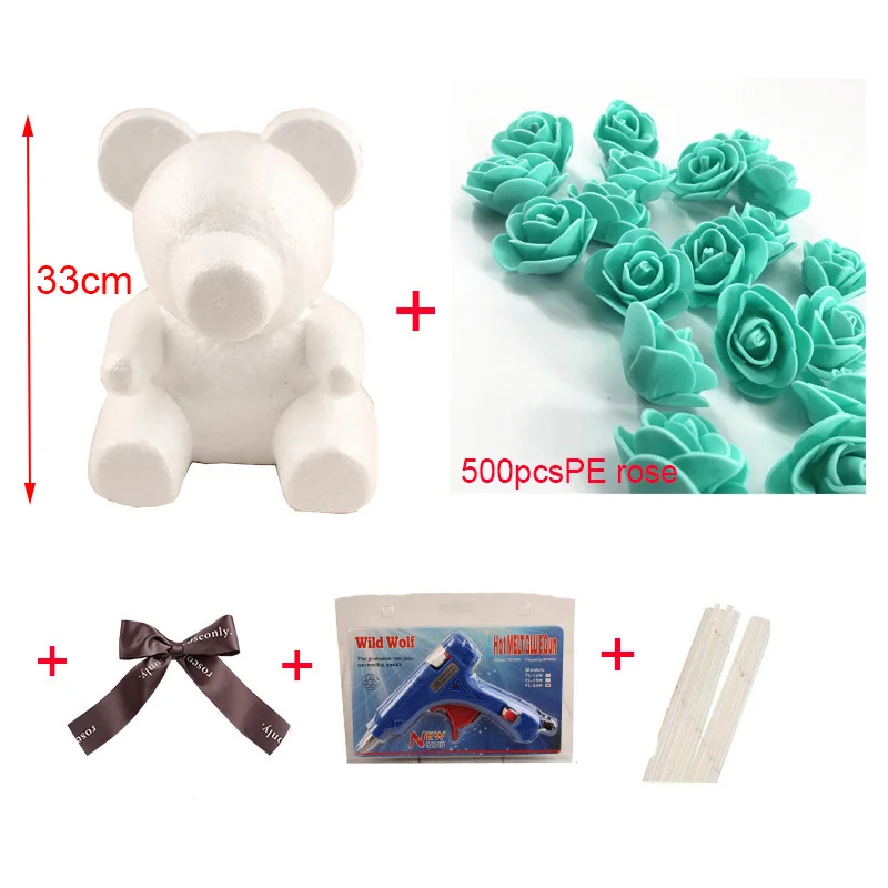 Foam Bear Mold PE Rose Artificial Flower Heads Rose Bear White Mold and Gift Box DIY Rose Bear Accessories Bag - Цвет: Lake blue bag