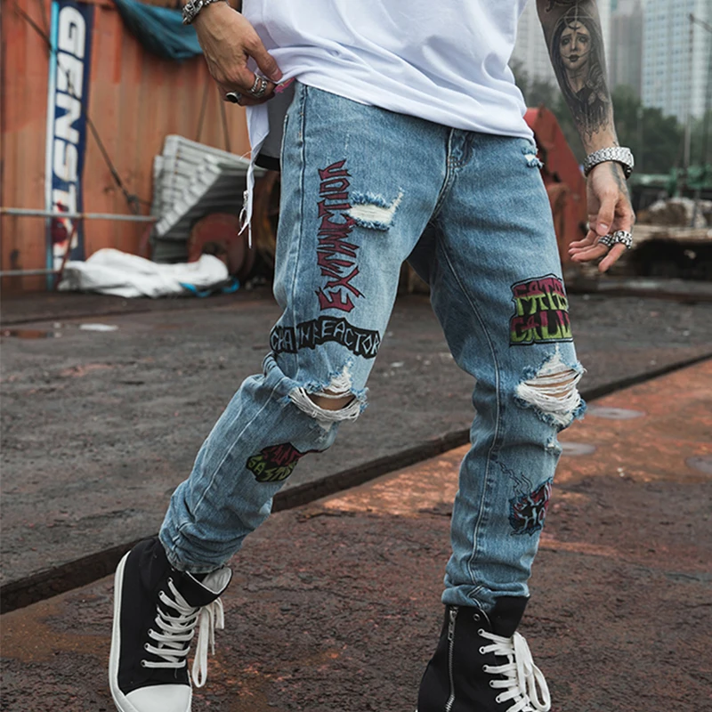 

2019 New sunmmer Men Skinny Jeans Skinny Slim Fit Stretchy Blue pants Cotton Lightweight Comfy Hip Hop Graffiti Hole jeans men