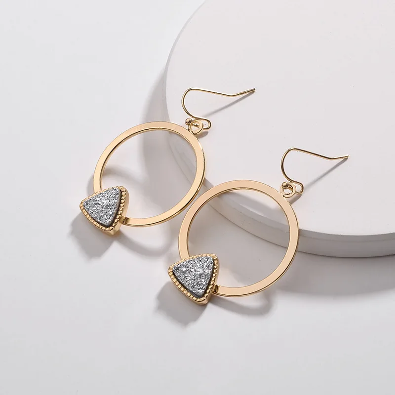 

ZWPON 2018 New Gold Geometric Circle Triangle Druzy Earrings for Women