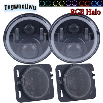 

7inch LED Headlight RGB Multicolor Bluetooth Remote Car Led Fender Flares Lights Side Marker Lamp for Jeep Wrangler JK 2007-2015