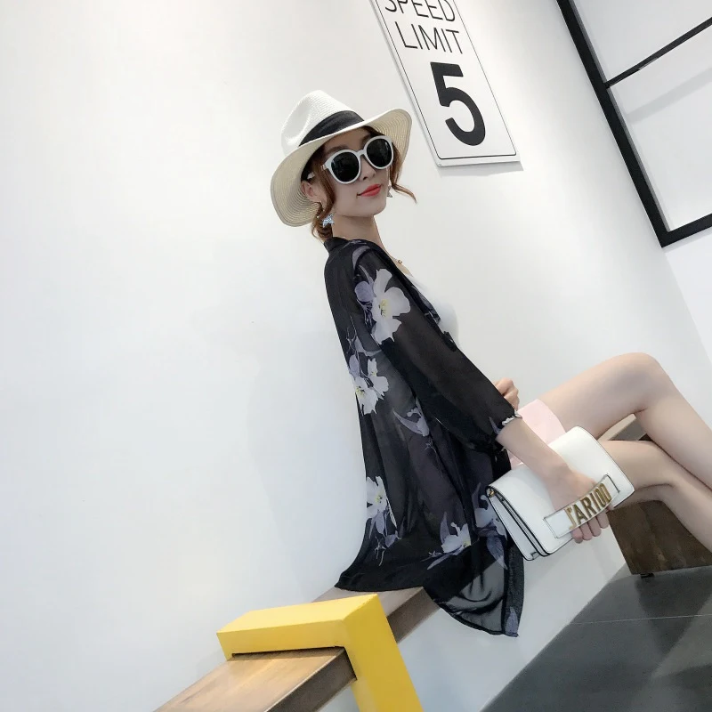 Модная женская рубашка с длинным рукавом Blusas куртка длинная свободная повседневная Sunblock укороченный шифоновый кардиган с принтом кимоно