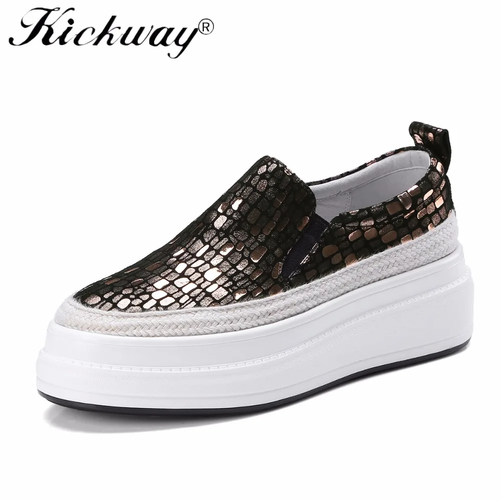 

Kickway 2018 New Women Sheepskin Leather Casual Shoes Female Footwear Gold Silver Shoes Woman Leisures Women Flat Platform Shoes