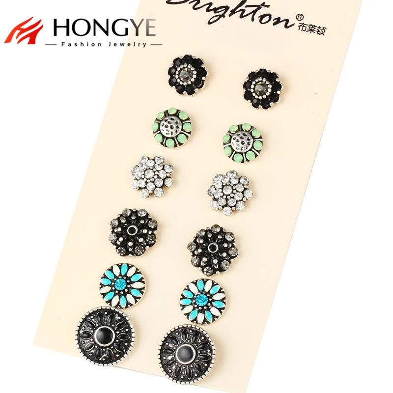 

Boucle D'oreille Femme Marque 2018 Fashion Shiny Crystal Beads Stud Earrings Round Color Enameling flower 6 Pairs/Set Earrings