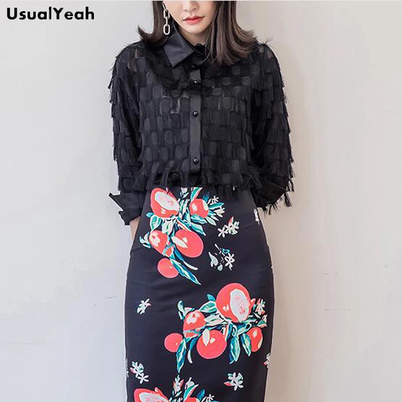 USUALYEAH 2018 Women Tassel Blouse Shirts Long Sleeve Fashion OL Female Black White Blusas Femininas S-XL SY0514 USUALYEAH 2018 Women Tassel Blouse Shirts Long Sleeve Fashion OL Female Black White Blusas Femininas S-XL SY0514
