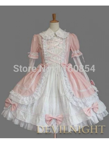 Розовое и белое милое платье лолиты с длинными рукавами и бантом