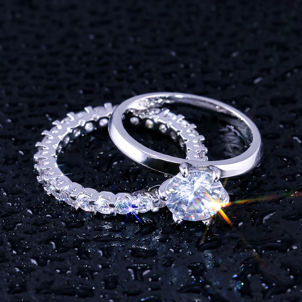Huitan ослепительное 2 шт. свадебное кольцо на палец для женщин с круглым CZ камнем микро проложили предложение обручальное Ювелирное кольцо Высокое качество