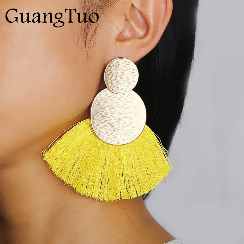 

Boho Metal Big Long Tassel Braided Earrings Statement Ethnic Fringed Earring For Women Fan Shaped Earrings Fashion Brincos