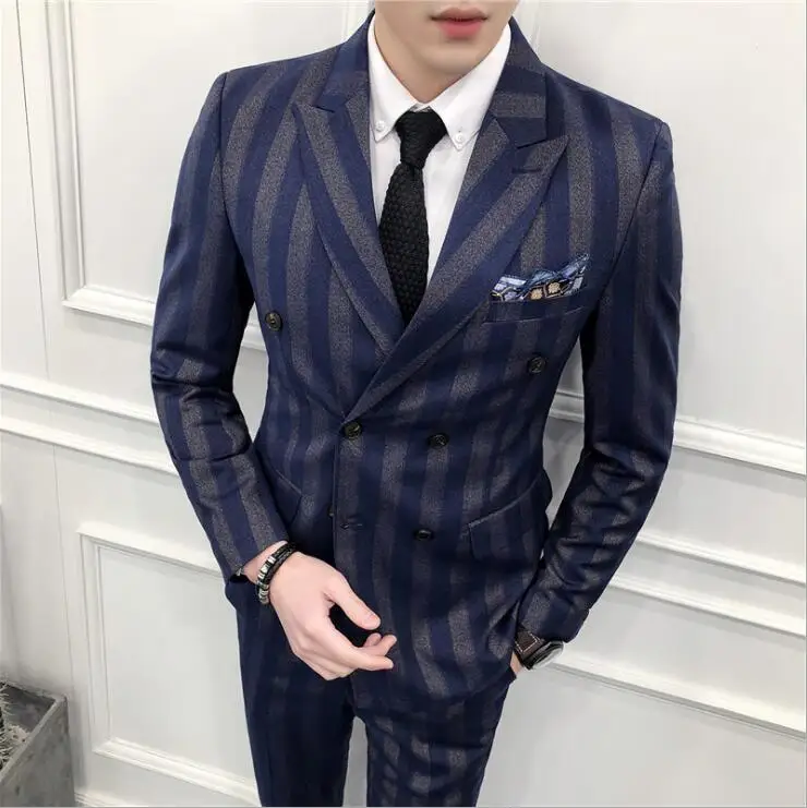 

Men Red Blue Striped Suits Sets Male Fashion Casual Slim Fit Blazer + Pant Singer Dancer Stage Groomsman Groom Wedding Clothing
