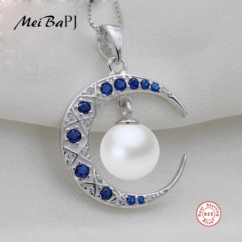 

[MeiBaPJ] Fashion Real Natural Pearl Personality Moon Pendant 925 Sterling Silver Pendant Necklace Fine Jewelry for Women