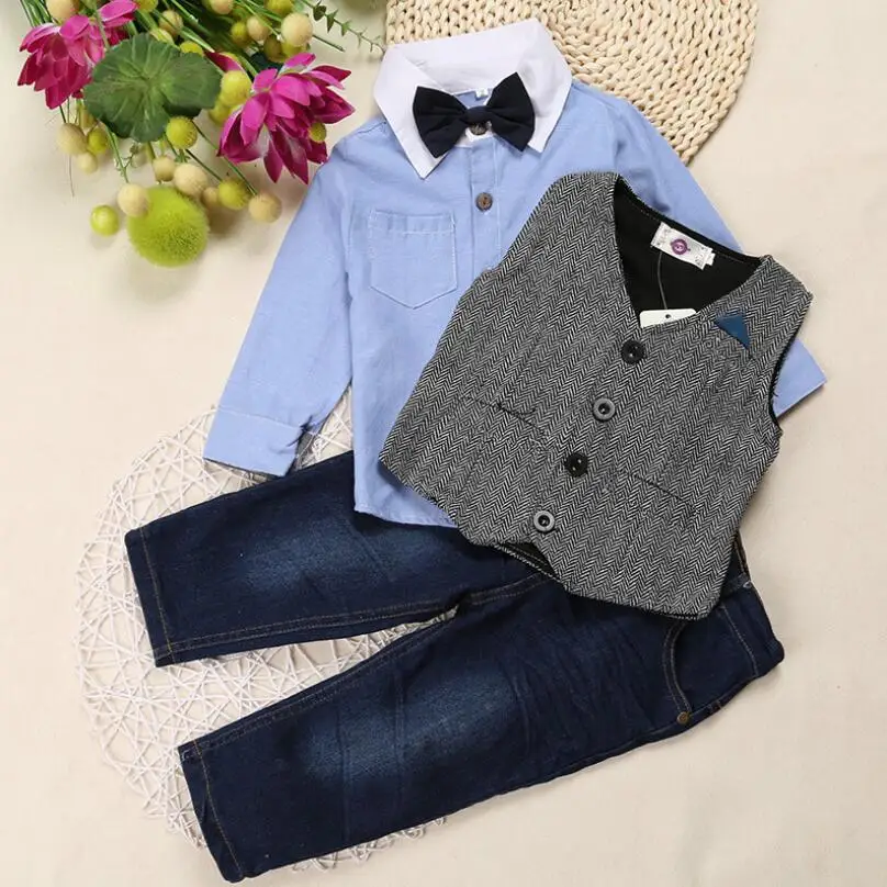 Одежда для маленьких джентльменов, одежда для маленьких мальчиков хлопковая синяя рубашка, жилет+ пара джинсов комплект детской одежды из 3 предметов
