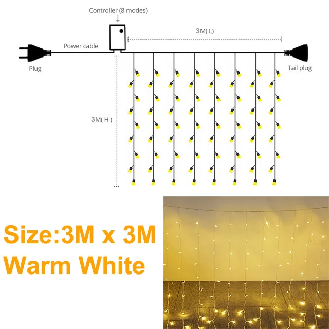 Гирлянда Рождественский светодиодный Шторы строки света год/для отдыха и вечеринок/Свадебные украшения гирлянды на открытом воздухе светодиодное освещение для сада - Испускаемый цвет: 3x3m Warm White