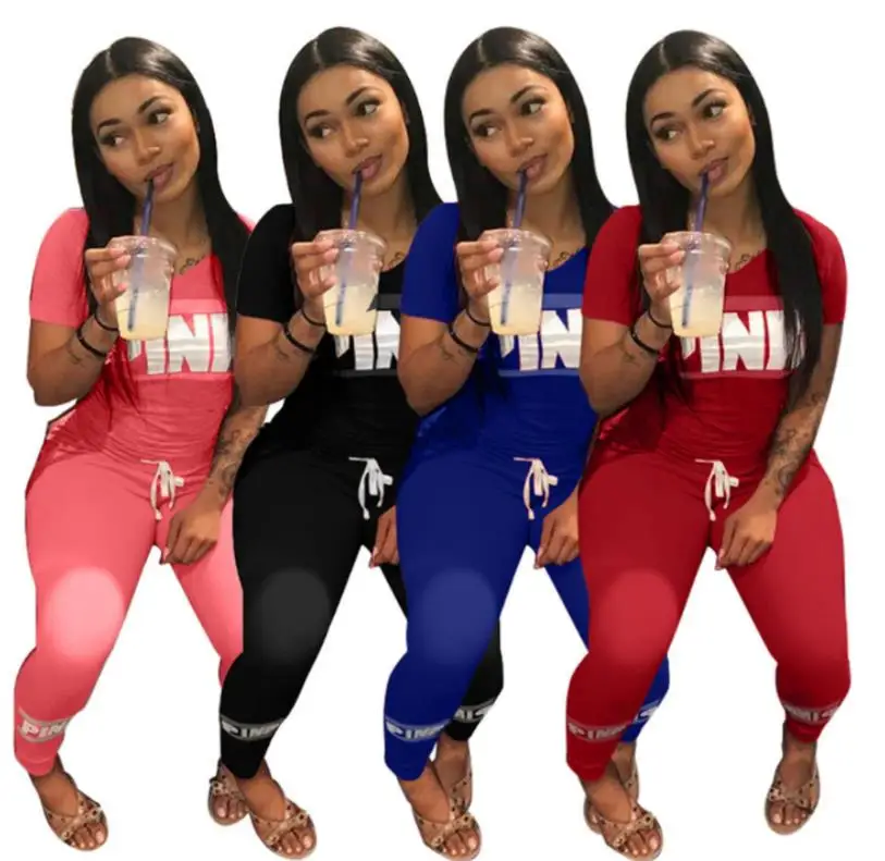 

2018 Pink Letter Print 2pcs Tracksuits Women Two Piece Set Street T-shirt Tops And Jogger Set Suits Casual 2pcs Outfits