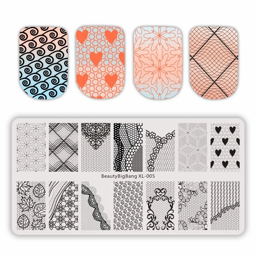 

BeautyBigBang Stamping Plates Template Rose Lace Leaves Wave Heart Geometry Cat Dog Image Nail Art Nail Plate Stencil BBB XL-005