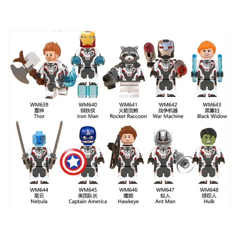 

10pcs/lot Avengers 4 Endgame Infinity War Hawkeye Thor Raccoon War Machine Black Widow Nebula Ant Man Blocks Toys