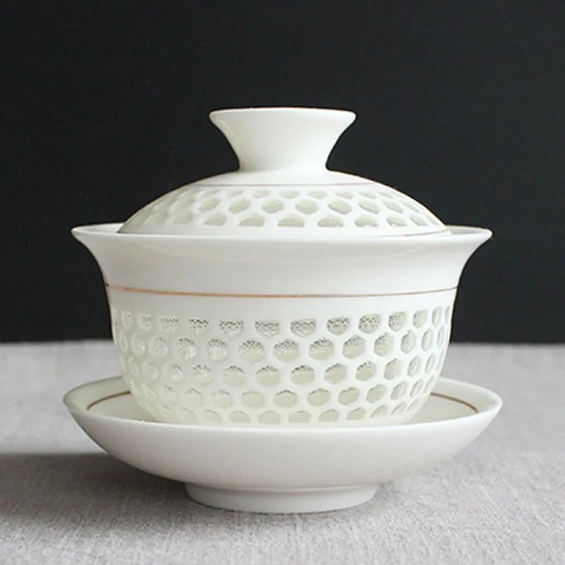 

Chinese Tea Cup Honeycomb Ceramic Gaiwan KungFu Tea Cups and Saucer Tureen Porcelain Tea Set Cover Bowl G