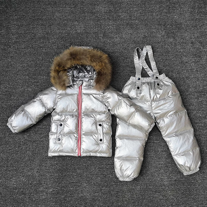 Winter Boys Clothing Sets Fur Down Jackets Overalls Girls Snow Suits Waterproof Sport Children Outfits 2 PCS Ski Suits