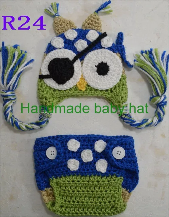 Bébé de noël photographie props main infantile nouveau - né Pirate hibou chapeau avec bandeau sur l'œil / diaper cover set bébé crochet ensembles NB-3M