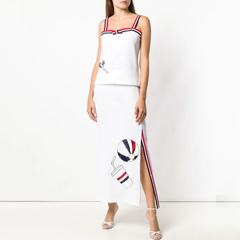 

Knitted Two Piece Set Top and Skirt Contrast Stripes Strap Sleeveless Sequins Knitted Cardigan+ High/Low Asymmetric Skirt Suit