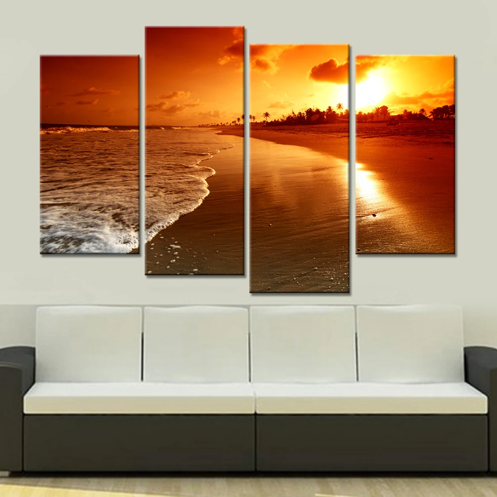 Drop-Shipping 4 Pieces Unframed Wall Art Canvas Print Poster Home Decor Modular Painting Beautiful Sea Sunset Landscape Quadros