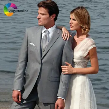 Najtaniej Beach Party Szary Mężczyźni ślubna Garnitury Slim Fit Groom Smokingi 3 Sztuka Spodnie Kamizelka Najlepszy Człowiek żakiet Z Dzianiny Dresowej Terno Masculino