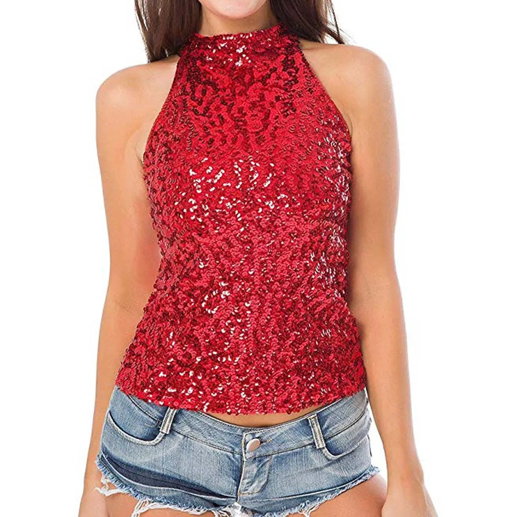 

Summer Sparkle Women T-Shirt Blusa Shining Glam Embellished Sleeveless Round Neck Tank Top Sexy Vest Sequin Top With Paillettes