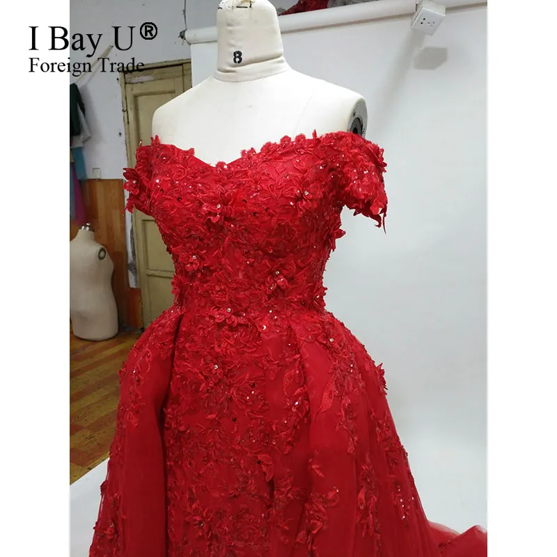 3D цветок красный Вечерние платья Длинные Милая аппликация бисером этаж Длина Саудовская Арабский Вечерние платья Русалка Вечерние платья - Цвет: Красный